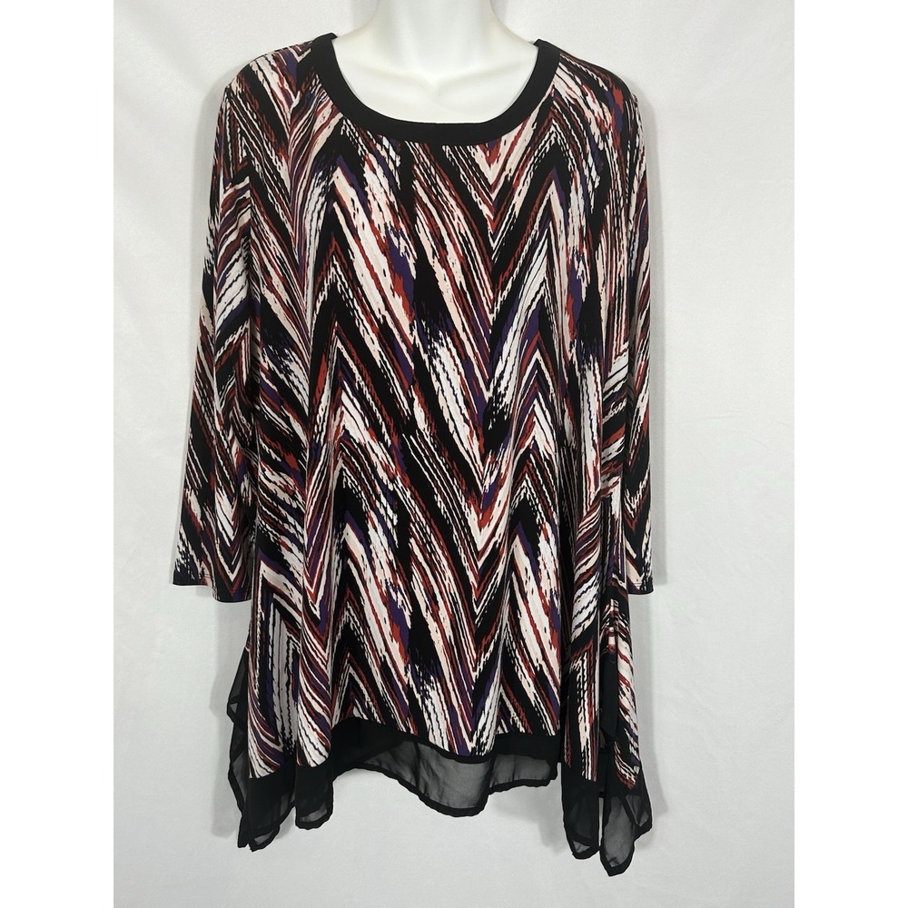 Womens Asymmetrical Tunic Top Size 14/16 Stretch Artsy Boho Sheer Trim Lagenlook